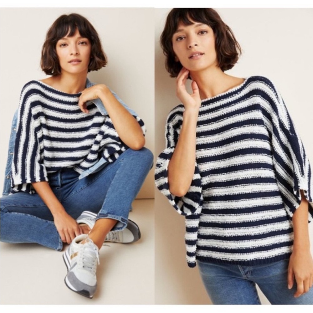 Anthropologie Lita Blue and white striped nautical wide sleeve Sweater XS/S